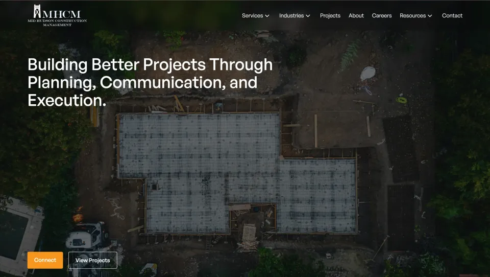 Mid Hudson Construction Management website homepage, designed and built by Steadfast